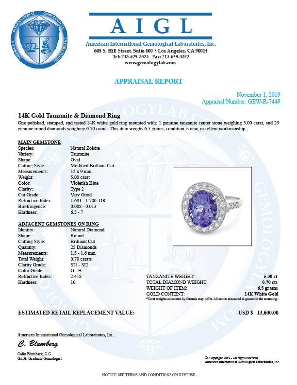 14k Gold 5.00ct Tanzanite 0.70ct Diamond Ring