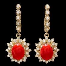 14k Gold 4.00ct Coral 1.50ct Diamond Earrings
