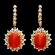 14k Gold 9.50ct Coral 1.60ct Diamond Earrings