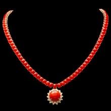 14k Gold 39ct Coral 0.80ct Diamond Necklace