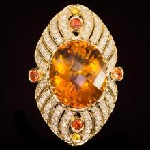 14K Gold 18.92ct Citrine, 0.75ct Fancy Color Sapphire 1.62ct Diamond Ring