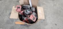 Box of assorted Milwaukee m18 batteries, drills,