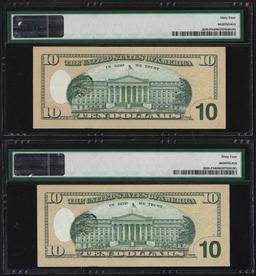 (2) Consec. 2004A $10 Federal Reserve Over Inking Error Notes PMG Ch. Uncirculated 64