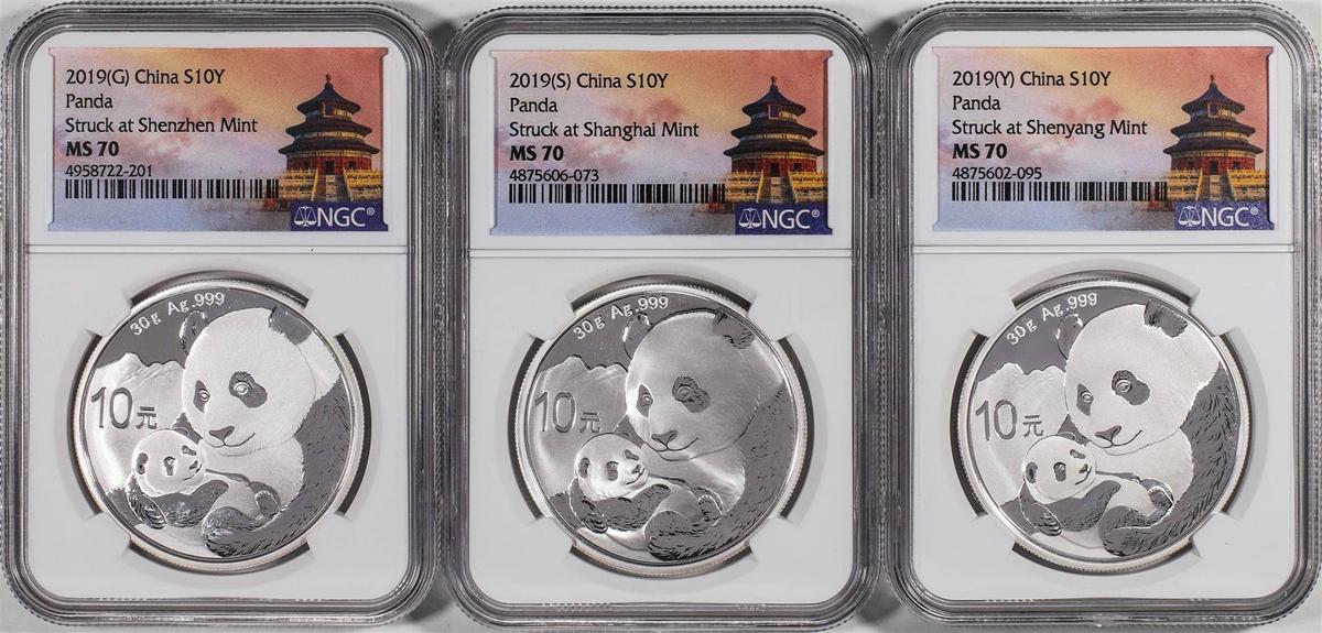 Set of (3) 2019 (G/S/Y) China 10 Yuan Silver Panda Coins NGC MS70