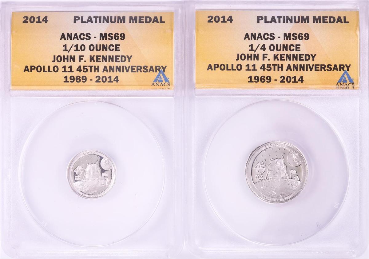 Set of 2014 Proof 1/10 & 1/4 oz Platinum JFK Apollo 11 Anniversary Medals ANACS MS69
