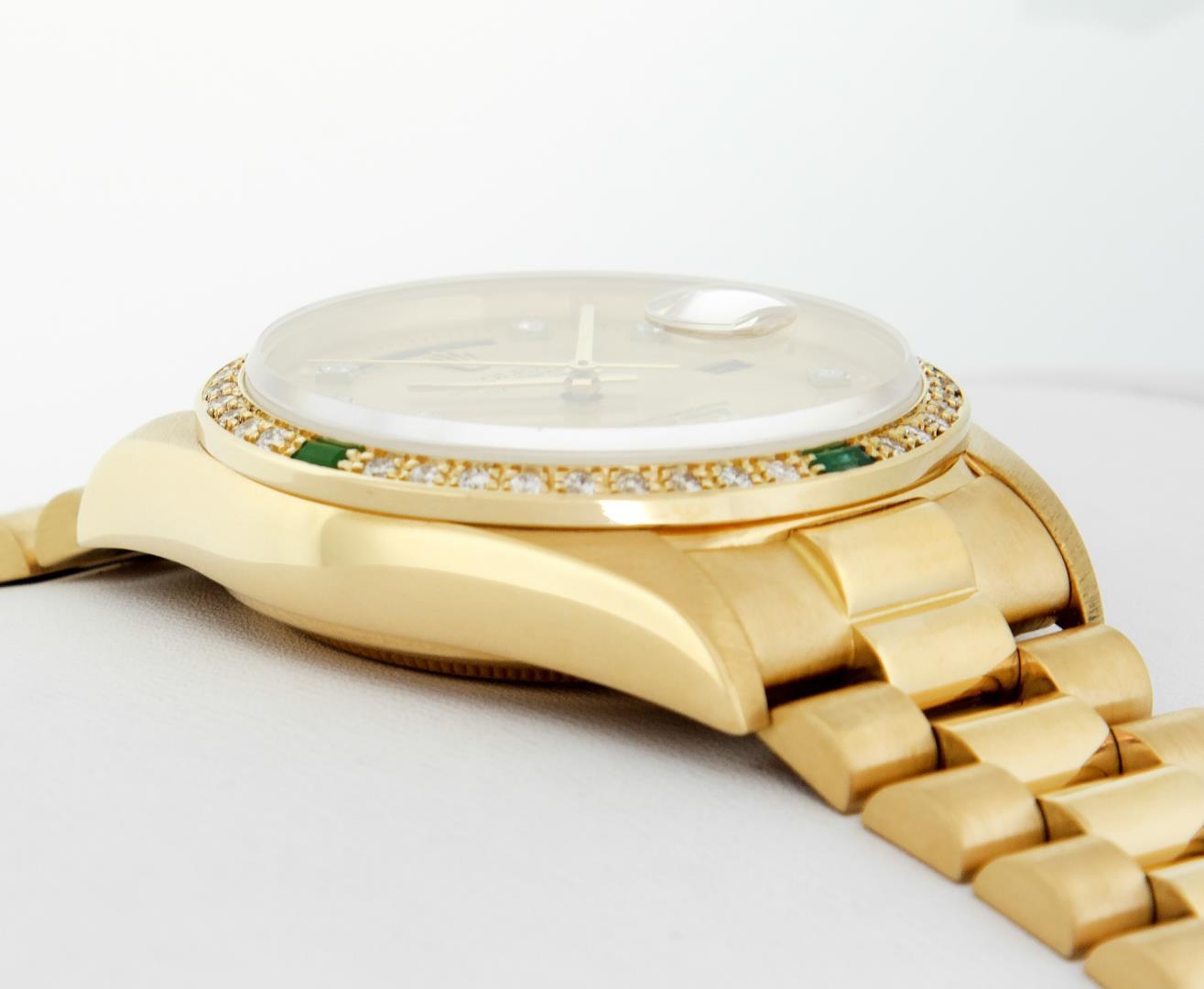 Rolex Men's 18K Yellow Gold Champagne Emerald & Diamond Day Date President Wristwatch