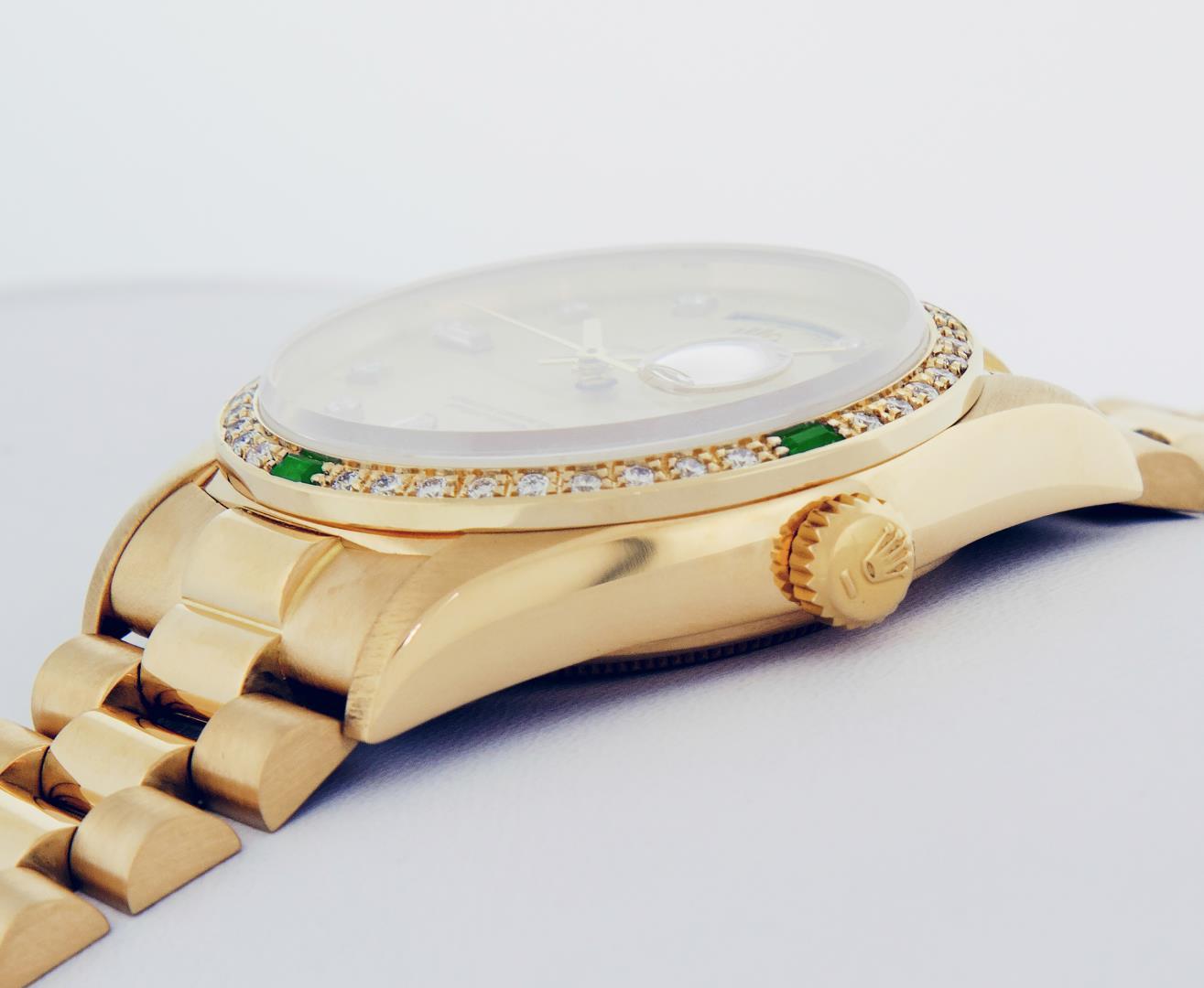 Rolex Men's 18K Yellow Gold Champagne Emerald & Diamond Day Date President Wristwatch