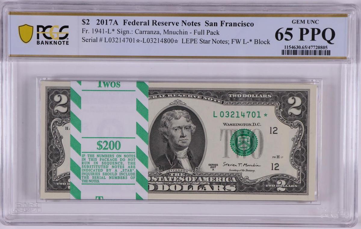 Pack of 2017A $2 Federal Reserve STAR Notes SF Fr.1941-L* PCGS Gem Uncirculated 65PPQ