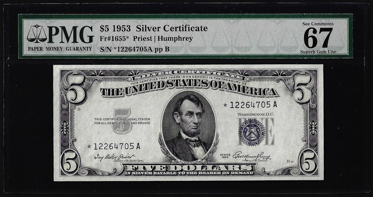 1953 $5 Silver Certificate Star Note Fr.1655* PMG Superb Gem Uncirculated 67EPQ