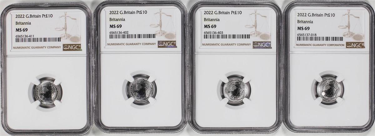 Lot of (4) 2022 Great Britain 10 Pounds Britannia 1/10oz Platinum Coins NGC MS69