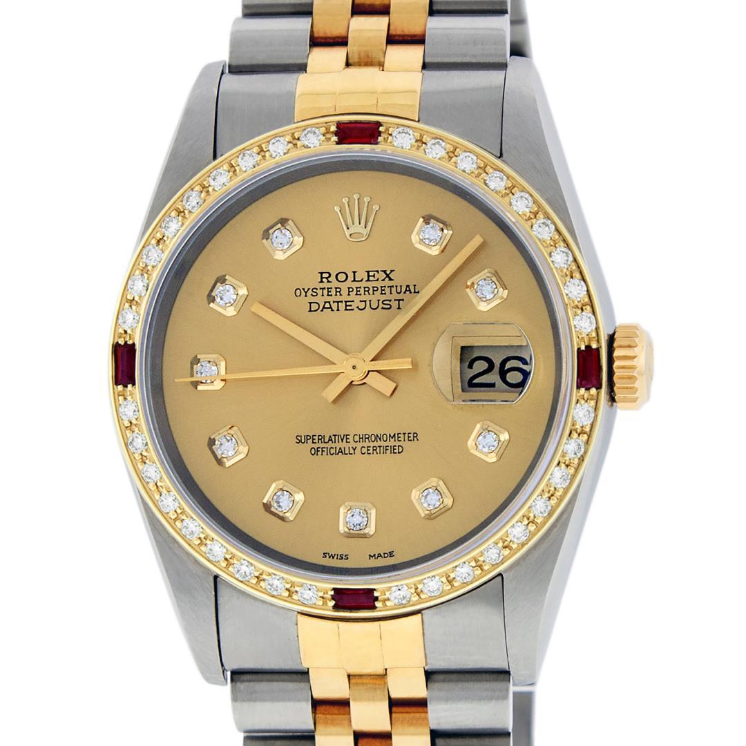 Rolex Mens Two Tone Champagne Ruby and Diamond Datejust Wristwatch