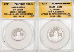 Set of 2014 Proof 1/4 oz & 1/2 oz Platinum JFK Apollo 11 Anniversary Medal ANACS MS69