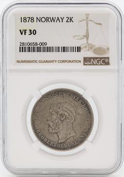 1878 Norway 2 Kroner Silver Coin NGC VF30