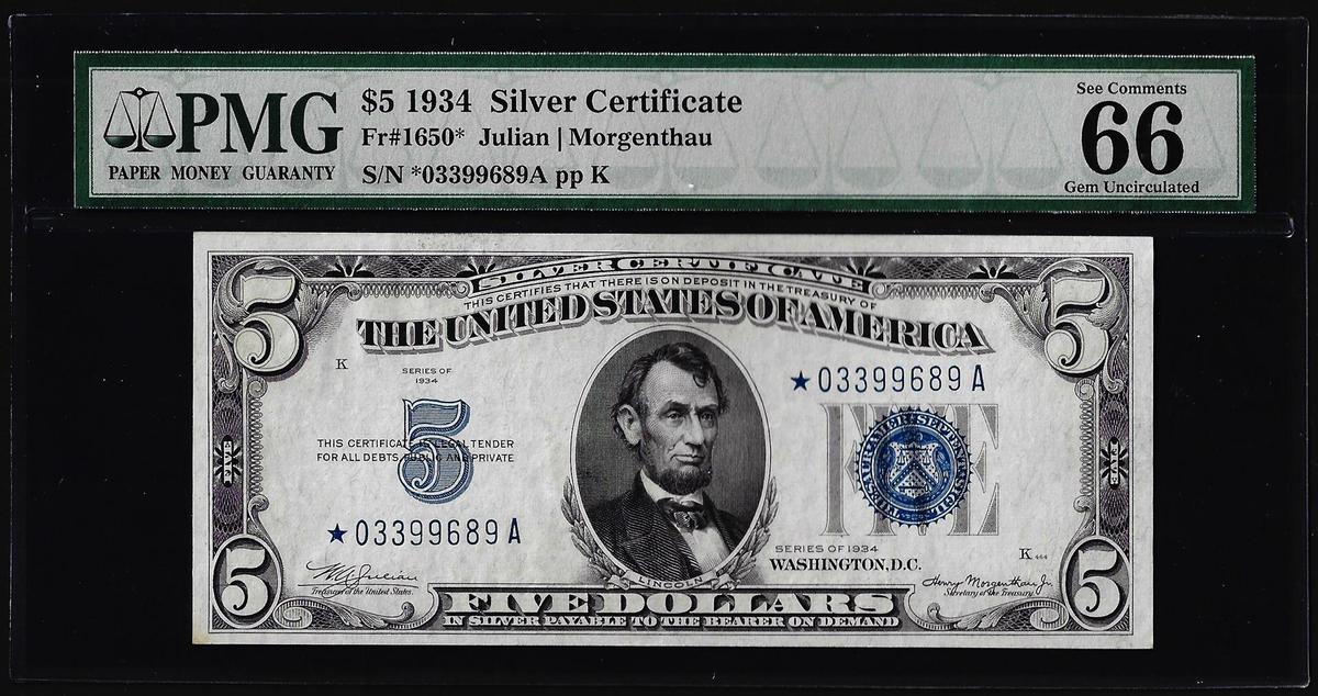 1934 $5 Silver Certificate Star Note Fr.1650* PMG Gem Uncirculated 66EPQ