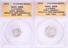 Set of 2014 Proof 1/10 & 1/4 oz Platinum JFK Apollo 11 Anniversary Medals ANACS MS68