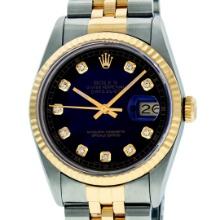 Rolex Mens Two Tone Blue Vignette Diamond Datejust Wristwatch