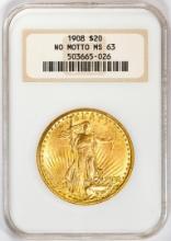 1908 No Motto $20 St. Gaudens Double Eagle Gold Coin NGC MS63 Old Fatty Holder