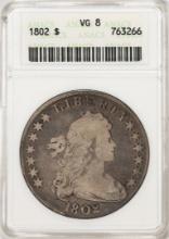1802 $1 Draped Bust Silver Dollar Coin ANACS VG8