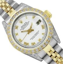 Rolex Ladies Two Tone White Roman Diamond Datejust Wristwatch With Rolex Box