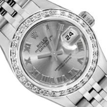 Rolex Ladies Stainless Steel Silver Roman Diamond Datejust Wristwatch