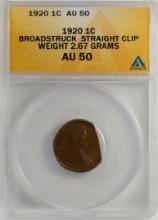1920 Lincoln Wheat Cent Coin Broadstruck Straight Clip Error ANACS AU50