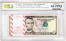Pack of 2017A $5 Federal Reserve STAR Notes Richmond Fr.1998-E* PCGS Choice UNC 64PPQ