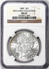 1887 $1 Morgan Silver Dollar Coin NGC MS63 Mcclaren Collection