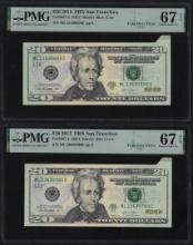 (2) Consecutive 2013 Federal Reserve Fold Over Error Notes PMG Superb Gem Unc 67EPQ