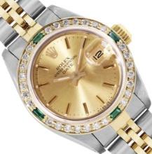 Rolex Ladies Two Tone Emerald and Diamond Date Wristwatch