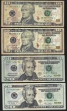 Lot of (4) 2006/2009 $10 & $20 Federal Reserve Note Fancy Trinary Serial Numbers