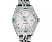 Rolex Ladies Stainless Steel Emerald and Diamond Datejust Wristwatch