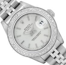 Rolex Ladies Stainless Steel Silver Diamond Date Wristwatch