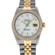 Rolex Mens Two Tone White Diamond Datejust Wristwatch