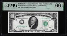 1950 $10 Federal Reserve Note Kansas City Fr.2010-J Narrow PMG Gem Uncirculated 66EPQ