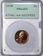 1938 Proof Lincoln Wheat Cent Coin PCGS PR64RD Green Rattler Holder