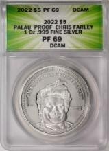 2022 $5 Palau Proof Chris Farley Silver Coin ANACS PF69DCAM