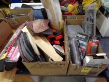 (2) Boxes Of Misc Items, Plastic Clamps, Sanding Pads, Shims, Razor Blades,
