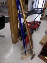 Group of Long Handled Tools, Snow Shovels, Mop Handle, Pick-Axe, Sander Blo