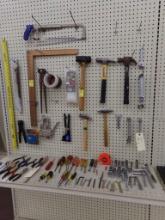 Group Of Tools On Peg Board, Hammers, Wrenches, Square, Hack Saw, Screw & N