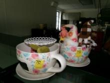 (2) Extra Large Coffee Cup Decorations w/Stuffed Toys Inside Them