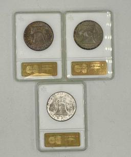 1958, 1958D, 1960 Franklin Silver Half Dollars - all ANACS MS-64. (3 total)