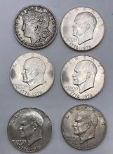 1902 Morgan Silver dollar & (5) 1976S Eisenhower Silver dollars (6 pieces total).