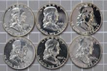 1955, 1956, 1957, 1961, 1962 & 1963 Franklin Silver half dollars, Proof (6 coins total).