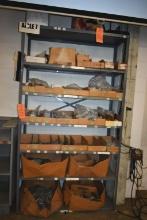 GREY METAL SHELVING UNIT, 7 TIER W/ASSORTED USED SEAT BELT COMPONENTS