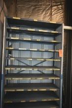 GREY METAL SHELVING UNIT WITH PEGBOARD ENDS,