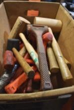 BOX OF ASSORTED MALLETS; WOOD, RUBBER, PLASTIC