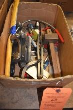 BOX OF ASSORTED MEASURING TOOLS, COMPASSES,