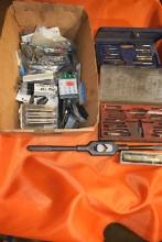 BOX OF ASSORTED DIE HANDLES, DIES AND TAPS