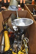 BOX OF ELECTRICAL/LIGHTING ITEMS; EXTENSION CORDS,