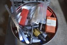 TIN OF ASSORTED COUNTER BORE BITS, CUTTERS, MISC.